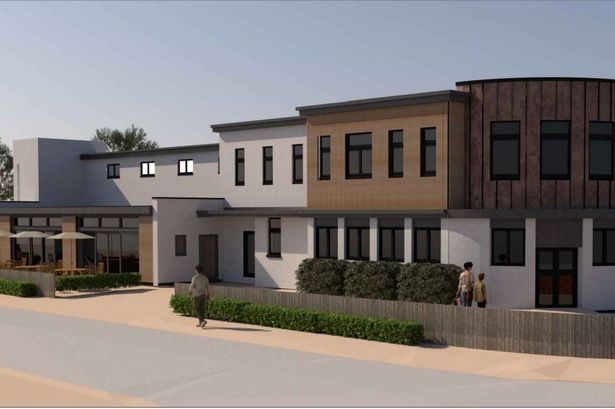 CGI of two-storey building with curved front and cafe with parasols out the back