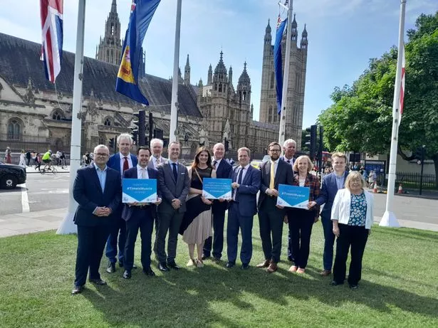 left to right - Lee Barron MP, Danny Kruger MP, Kevin Bonavia MP, Peter Dowd MP, Chris McDonald MP, Cat Eccles MP, Jim Dickson MP, Graeme Downie MP, Freddie van Mierlo MP, John Milne MP, Susan Murray MP, Stainbank MP, Liz Twist MP at Westminster backing the Duchenne UK Time is Muscle campaign 