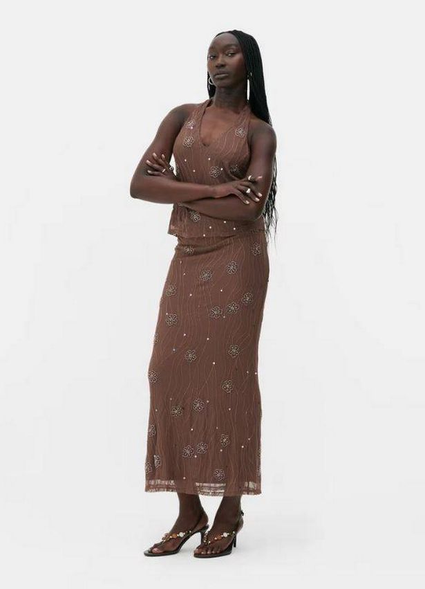 Rita Ora Beaded Midi Skirt and Beaded Halter Neck Top from Primark