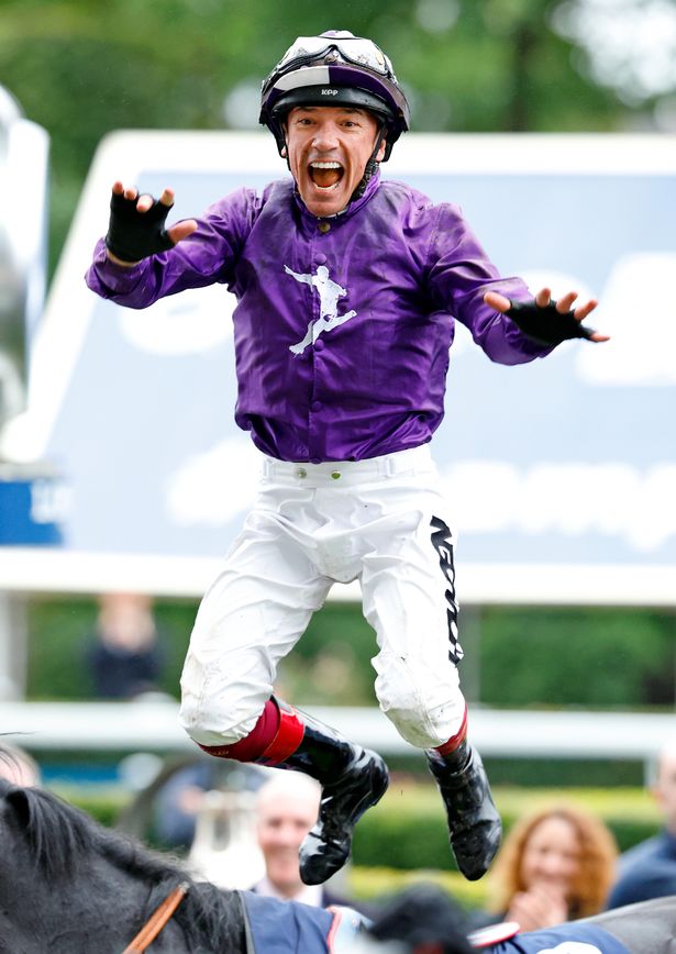 Frankie Dettor performs his trademark flying dismount after riding 'King of Steel' to victory in the QIPCO Champion Stakes during QIPCO British Champions Day at Ascot Racecourse on October 21, 2023 in Ascot