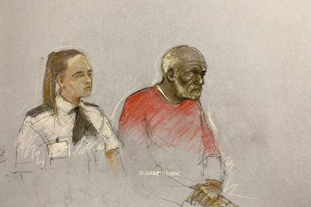 Court sketch of murder accused Ryland Headley alongside an officer