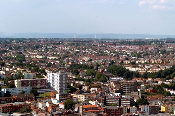 Bristol skyline from the aerial observation balloon in castle park, Bristol, July 2005. 