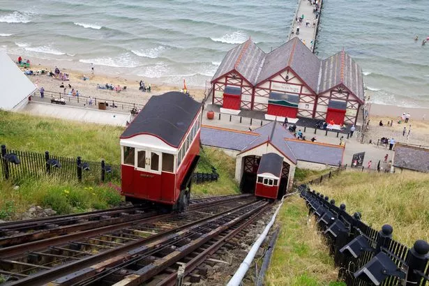 The old Victorian cliff lift and pier at Salburn-by-the-sea, Cleveland, in north east England.
