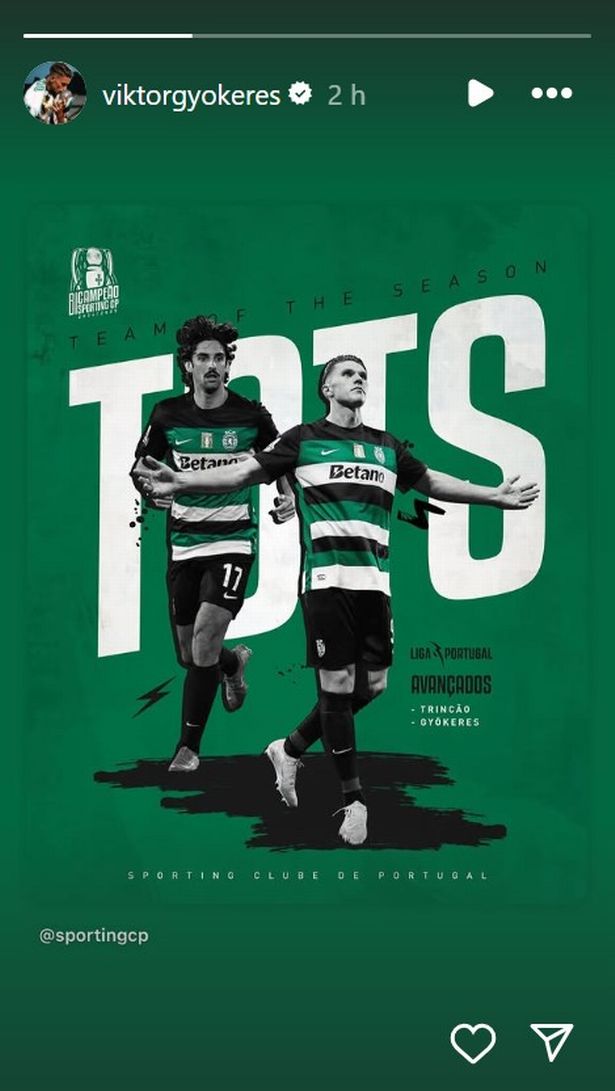 Viktor Gyokeres shares news that he has made the Liga Portugal team of the season.