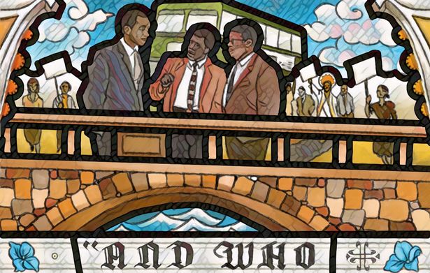 The new designs of stained glass windows to be installed at St Mary Redcliffe Church in Bristol, to replace a window dedicated to slave trader Edward Colston. The designs show a 'non-white' Jesus in a series of images that include in a boat with refugees, with the Bristol Bus Boycott campaigners