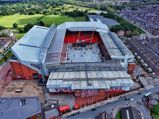 A stage being constructed on the pitch of Anfield Stadium in Liverpool ahead of the Taylor Swift gigs