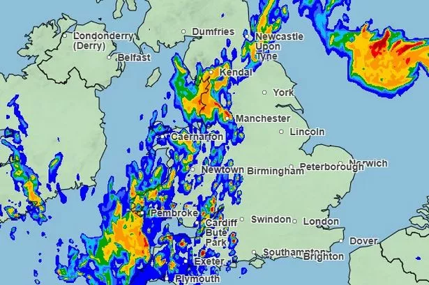 The Met Office rainfall radar map which shows a heavy thunderstorm making its way over Manchester in the early hours of Saturday morning.