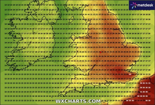 Weather maps predict temperatures of 30C to arrive