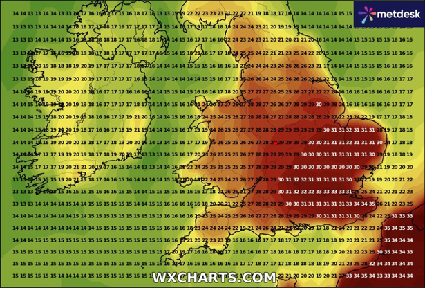 WX Charts has predicted temperatures could rise to 35C