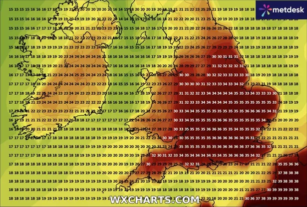 Weather maps have revealed sweltering temperatures of 37C could hit parts of England