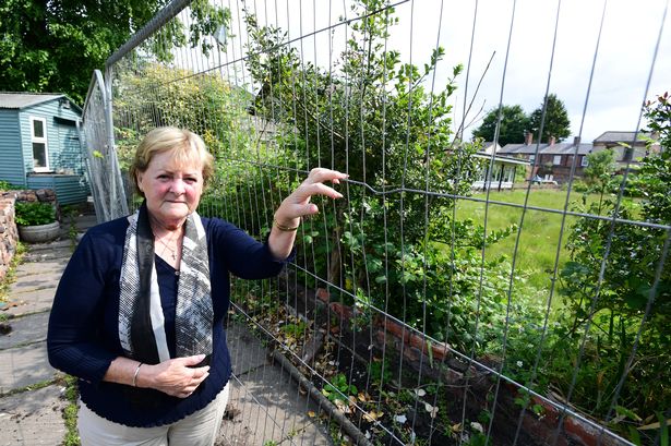 Linda Hufton with bricks in her garden,after a wall collapsed from the bowling club at the back of her West Derby house