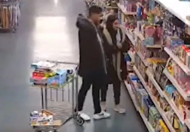 Would-be killers, newlyweds Wasif Hussain, 21 and his wife Nabela Tabassum, 19, browsing Poundland for masks before choosing giraffe ones to carry out a horrific attack on his stepmum 