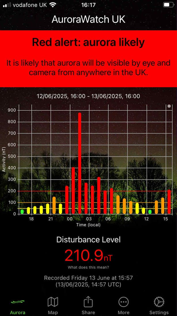 Aurorawatch UK issued a red alert saying the aurora borealis will be visible across the UK with the naked eye