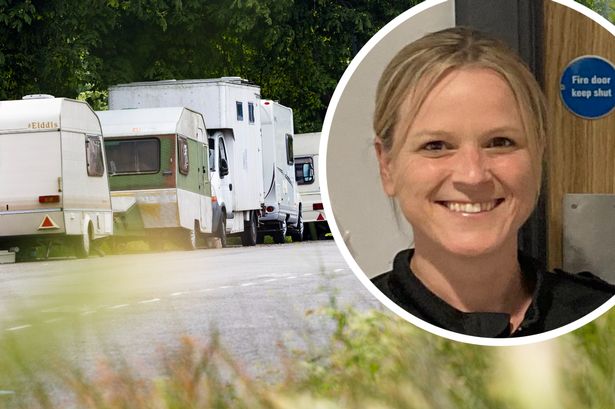 Caravans on the Downs and, inset, Bristol Commander for Neighbourhood policing, Supt Stephanie McKenna