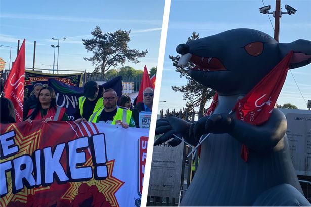 Protesters and a giant inflatable rat at the Birmingham bins strike 'megapicket' at Lifford Lane depot on Friday, May 9