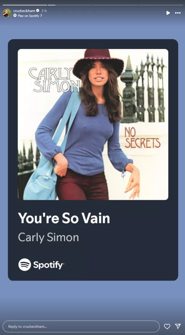Cruz posted a screengrab of hit 'You're So Vain'