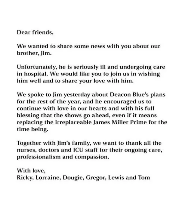 Deacon Blue issued the statement on X