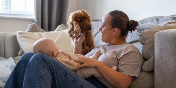 A mother with her baby on her lap pets her dog while sitting on the living room floor