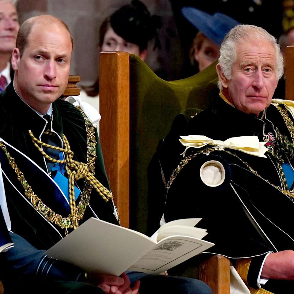  King Charles and Prince William wearing velvet robes sitting in chairs. 