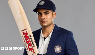 Shubman Gill poses with his newest Test bat, inscribed with his 'Prince' nickname