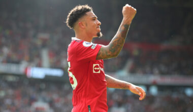 epa10660572 Jadon Sancho of Manchester United celebrates scoring the 1-1 goal during the English Premier League soccer match between Manchester United and Fulham FC, in Manchester, England, 28 May 2023. EPA-EFE/ASH ALLEN EDITORIAL USE ONLY. No use with unauthorized audio, video, data, fixture lists, club/league logos or