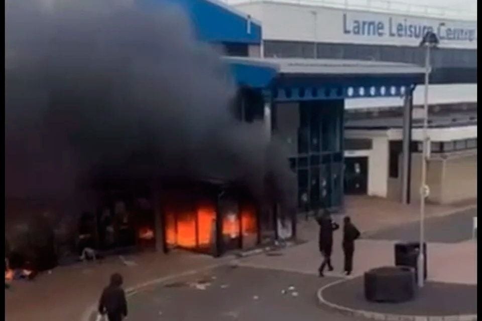 A fire at the entrance to Larne Leisure Centre