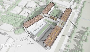 Drawing of the new hospital. The building is landscaped and the entrance atrium and a green roof can be seen.