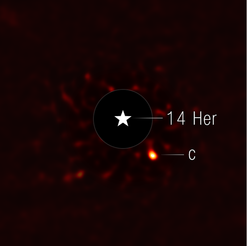 Cold exoplanet: White star in center of a thin ring, labeled