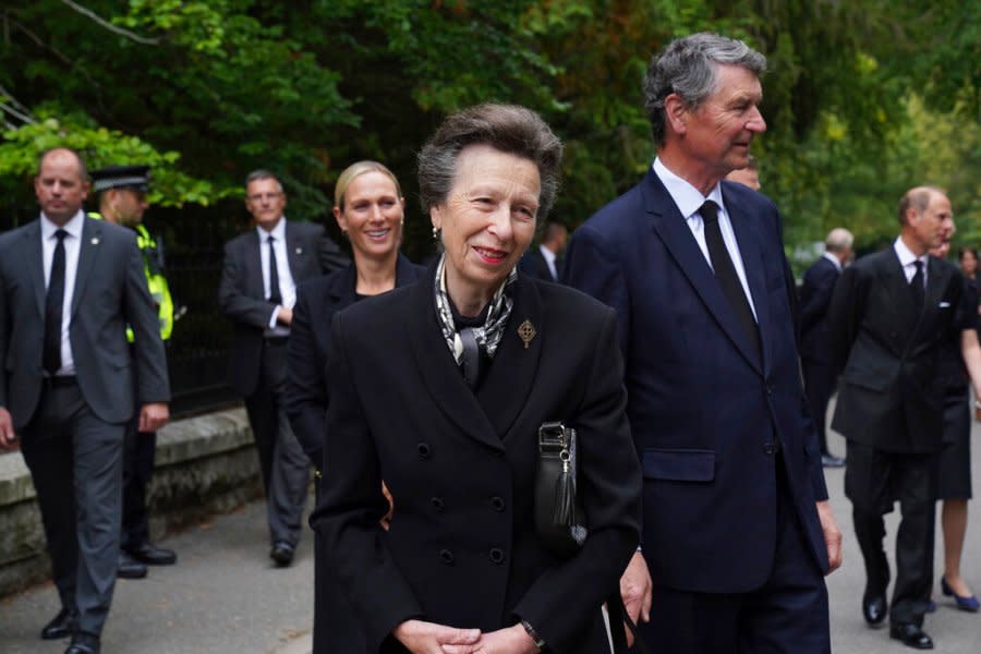Britain’s Princess Anne, Vice Admiral Timothy Laurence, and Zara Tindall join other members of the Royal family on a walkabout to thank members of the public following the death of Queen Elizabeth II on Thursday, at Balmoral, Scotland, Saturday, Sept. 10, 2022. (Owen Humphreys/Pool Photo via AP)