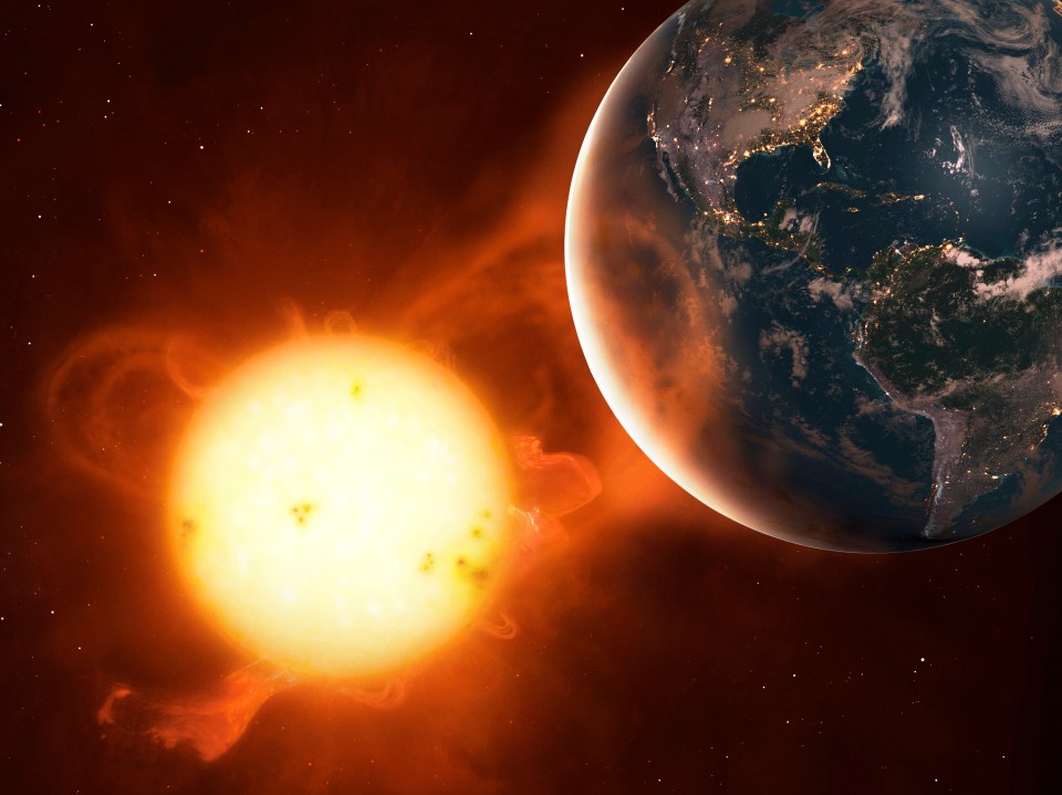 Illustration of a coronal mass ejection impacting Earth.
