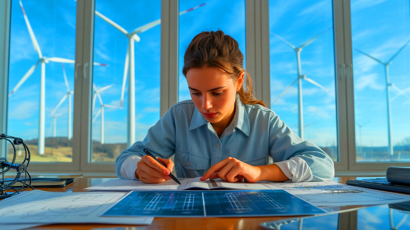 Illustration of a Penn State graduate student solving a century-old math problem to optimize wind turbine efficiency. Image generated by AI.