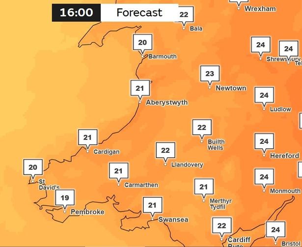 A weather map showing highs of 20°C