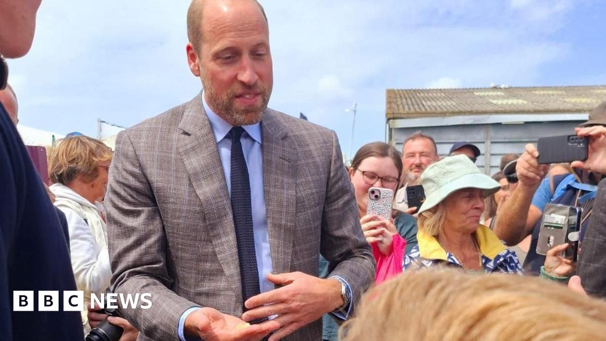 Prince William, dressed in a grey patterned suit with a light blue shirt and navy blue tie with his hand out accepting a crisp. There are people in the background taking photos on their phones.