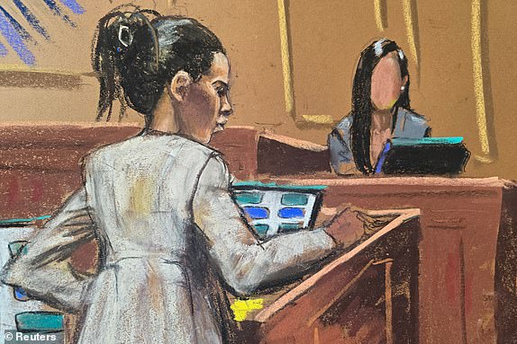 Defense attorney Teny Geragos cross examines a witness testifying under the pseudonym Jane to protect her privacy, during Sean "Diddy" Combs' sex trafficking trial in New York City, New York, U.S., June 10, 2025 in this courtroom sketch. REUTERS/Jane Rosenberg