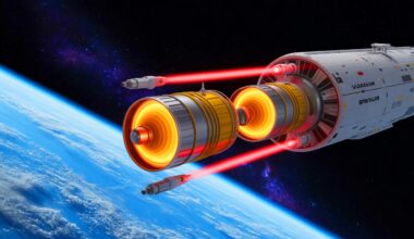 Illustration of a revolutionary nuclear propulsion system utilizing rotating liquid uranium for space exploration. Image generated by AI.