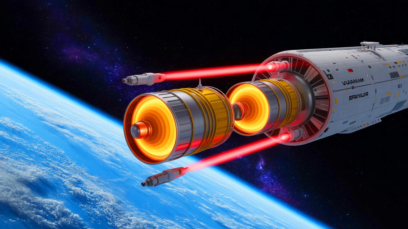 Illustration of a revolutionary nuclear propulsion system utilizing rotating liquid uranium for space exploration. Image generated by AI.