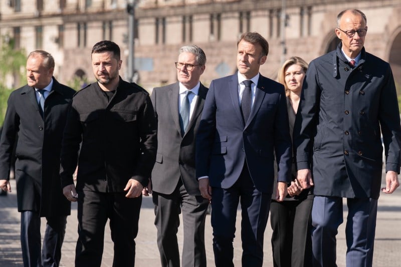 Polish Prime Minister Donald Tusk, Ukrainian President Volodymyr Zelensky, British Prime Minister Keir Starmer, French President Emmanuel Macron, Ukrainian first lady Olena Zelenska, and German Chancellor Friedrich Merz in Maidan Square in Kyiv as European leaders meet in Ukraine for further talks on the so-called “coalition of the willing” in Kyiv on May 10.