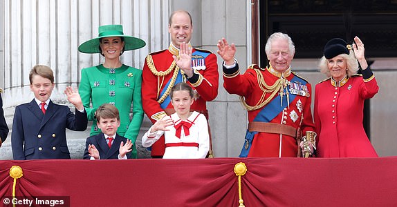 LONDON, ENGLAND - JUNE 17: King Charles III and Queen Camilla wave alongside Prince William, Prince of Wales, Prince Louis of Wales, Catherine, Princess of Wales and Prince George of Wales on the Buckingham Palace balcony during Trooping the Colour on June 17, 2023 in London, England. Trooping the Colour is a traditional parade held to mark the British Sovereign's official birthday. It will be the first Trooping the Colour held for King Charles III since he ascended to the throne. (Photo by Chris Jackson/Getty Images)