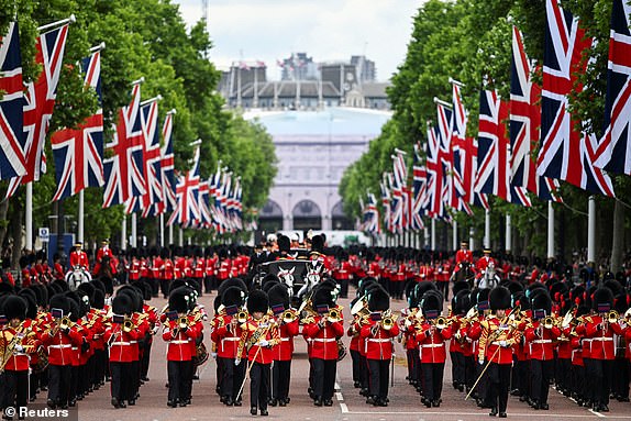 Members of the King's Guard play music during the Colonel's review rehearsal for Trooping the Colour, in honour of the official birthday of Britain's King Charles, in London, Britain June 7, 2025. REUTERS/Chris J. Ratcliffe