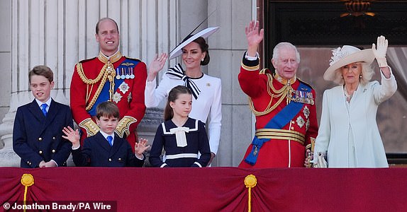 File photo dated 15/06/24 of (left to right) Prince George, the Prince of Wales, Prince Louis, the Princess of Wales, Princess Charlotte, King Charles III and Queen Camilla on the balcony of Buckingham Palace, London, to view the flypast following the Trooping the Colour ceremony in central London, as King Charles celebrates his official birthday. A double cancer diagnosis for the King and the Princess of Wales marked a difficult, challenging 2024 for the royal family. It was, in the words of the Prince of Wales, a "brutal" time. Issue date: Tuesday December 24, 2024. PA Photo. See PA story ROYAL Year . Photo credit should read: Jonathan Brady/PA Wire