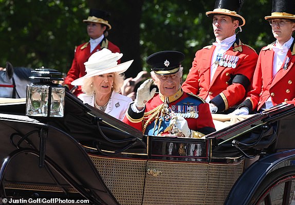 14 June 2025.The King, Charles III, and members of the royal family attending Trooping the Colour. The King, because of his health issue, will journey from Buckingham Palace to Horseguards Parade in a carriage. The Prince of Wales, the Princess Royal, Prince Edward, The Duke of Edinburgh will be on horseback. The Queen, Camilla, Catherine, Princess of Wales, the children, Prince George, Princess Charlotte, Prince Louis, and Sophie, Duchess of Edinburgh, will be in open carriages, weather permitting. On returning, The Royal Family will appear on the balcony at the palace for the flypast.Credit: Justin Goff/GoffPhotos.com   Ref: KGC-03