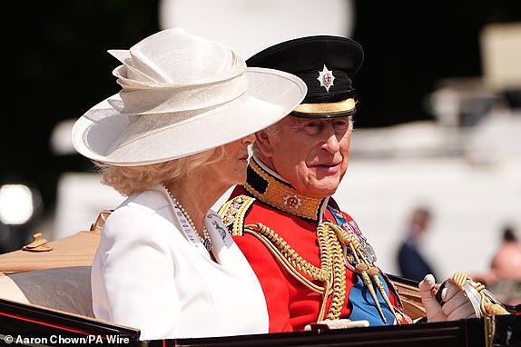 King Charles III and Queen Camilla leave Buckingham Palace ahead of Trooping the Colour ceremony in central London as King Charles III celebrates his official birthday. Picture date: Saturday June 14, 2025. PA Photo. Photo credit should read: Aaron Chown/PA Wire