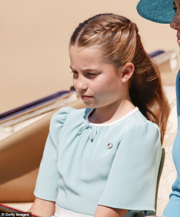 LONDON, ENGLAND - JUNE 14: Princess Charlotte of Wales and Catherine, Princess of Wales arrive at Trooping The Colour 2025 at Buckingham Palace on June 14, 2025 in London, England. Trooping The Colour is a ceremonial parade celebrating the official birthday of the British Monarch. The event features over 1,400 soldiers and officers, accompanied by 200 horses. More than 400 musicians from ten different bands and Corps of Drums march and while performing. (Photo by John Phillips/Getty Images)
