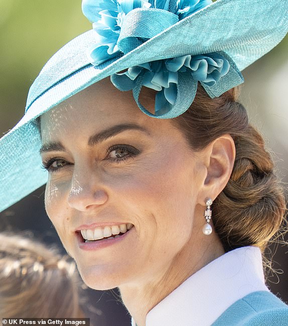 LONDON, ENGLAND - JUNE 14: Catherine, Princess of Wales during Trooping The Colour 2025 on June 14, 2025 in London, England. Trooping The Colour is a ceremonial parade celebrating the official birthday of the British Monarch. The event features over 1,400 soldiers and officers, accompanied by 200 horses. More than 400 musicians from ten different bands and Corps of Drums march and while performing. (Photo by Mark Cuthbert/UK Press via Getty Images)