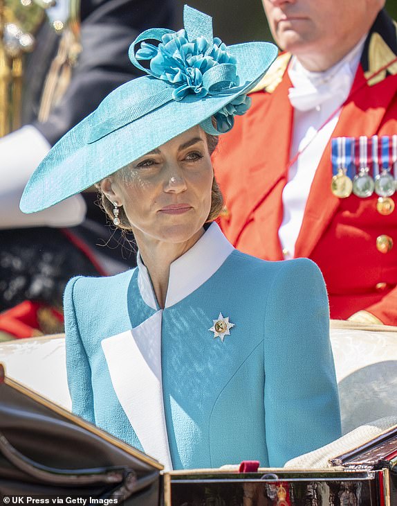 LONDON, ENGLAND - JUNE 14: Catherine, Princess of Wales during Trooping The Colour 2025 on June 14, 2025 in London, England. Trooping The Colour is a ceremonial parade celebrating the official birthday of the British Monarch. The event features over 1,400 soldiers and officers, accompanied by 200 horses. More than 400 musicians from ten different bands and Corps of Drums march and while performing. (Photo by Mark Cuthbert/UK Press via Getty Images)