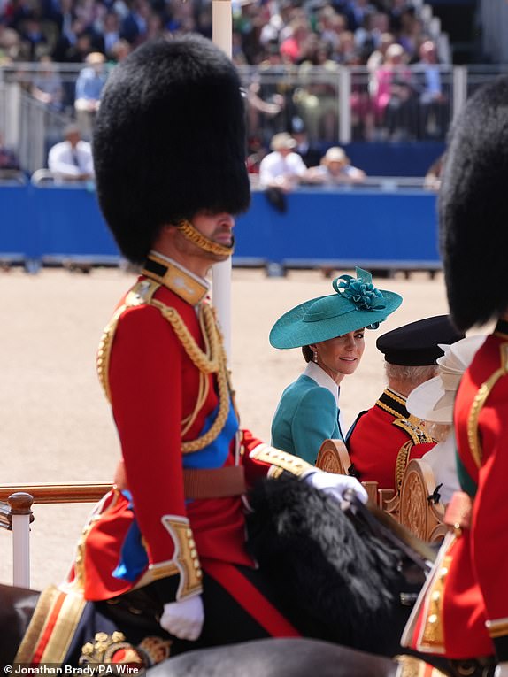 The Princess of Wales looks on at the Prince of Wales during the Trooping the Colour ceremony at Horse Guards Parade, central London, in celebration of King Charles III's official birthday. Picture date: Saturday June 14, 2025. PA Photo. See PA story ROYAL Trooping. Photo credit should read: Jonathan Brady/PA Wire
