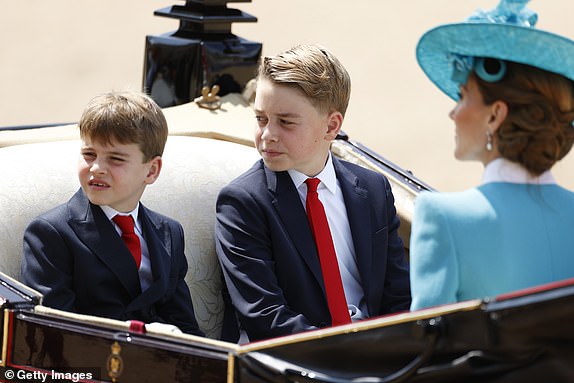 LONDON, ENGLAND - JUNE 14: Prince Louis of Wales and Prince George of Wales at Horse Guards Parade during Trooping The Colour 2025 on June 14, 2025 in London, England. Trooping The Colour is a ceremonial parade celebrating the official birthday of the British Monarch. The event features over 1,400 soldiers and officers, accompanied by 200 horses. More than 400 musicians from ten different bands and Corps of Drums march and while performing. (Photo by John Phillips/Getty Images)