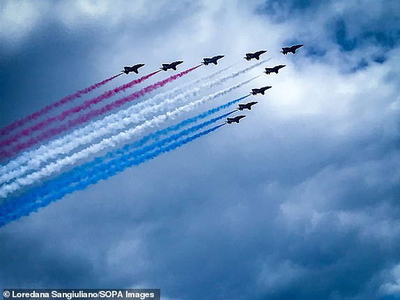 Mandatory Credit: Photo by Loredana Sangiuliano/SOPA Images/Shutterstock (14541223b) Red Arrows flypast during The Trooping the Colour. The first Trooping The Colour took place during the 17th-Century reign of King Charles II in celebration of the success of the British monarchy. It is a tradition which has continued for more than 260 years. Red Arrows flypast during The Trooping the Colours in London, UK - 15 Jun 2024