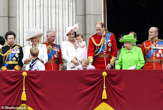 Mandatory Credit: Photo by Shutterstock (5725914i) Princess Ann, Camilla Duchess of Cornwall, Prince Charles, Catherine Duchess of Cambridge, Princess Charlotte of Cambridge, Prince George, Prince William, Queen Elizabeth II and Prince Philip watch the flypast from the balcony of Buckingham Palace Trooping The Colour - The Queen's Birthday Parade, London, UK - 11 Jun 2016