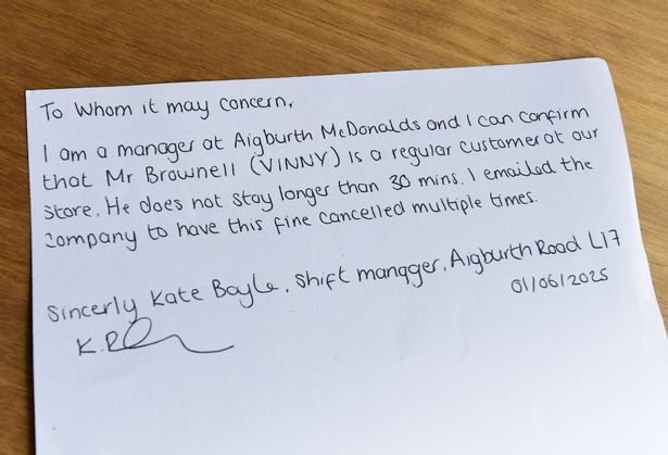The letter written to UK Parking Control in support of Mr Brownhall, a McDonald's regular 
